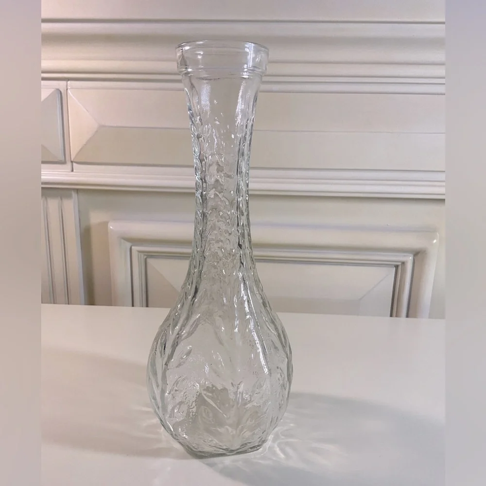 Vintage FTD Glass Vase 9” Floral Vine Pattern Clear Art Glass Vase